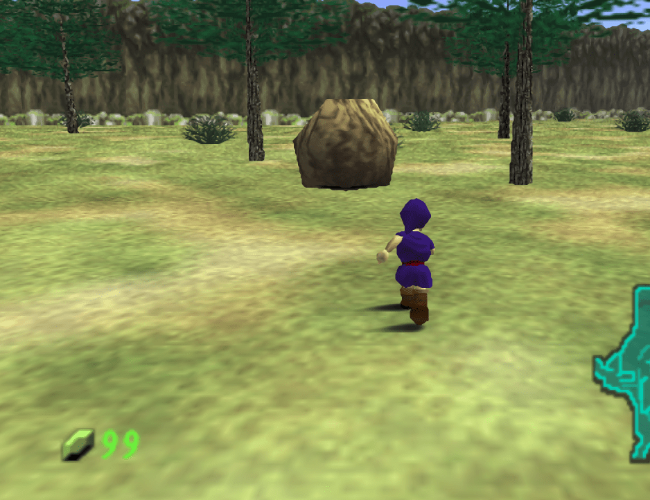 Hidden grotto in Hyrule Field under boulder on the way to Lake Hylia from Kokiri Forest.